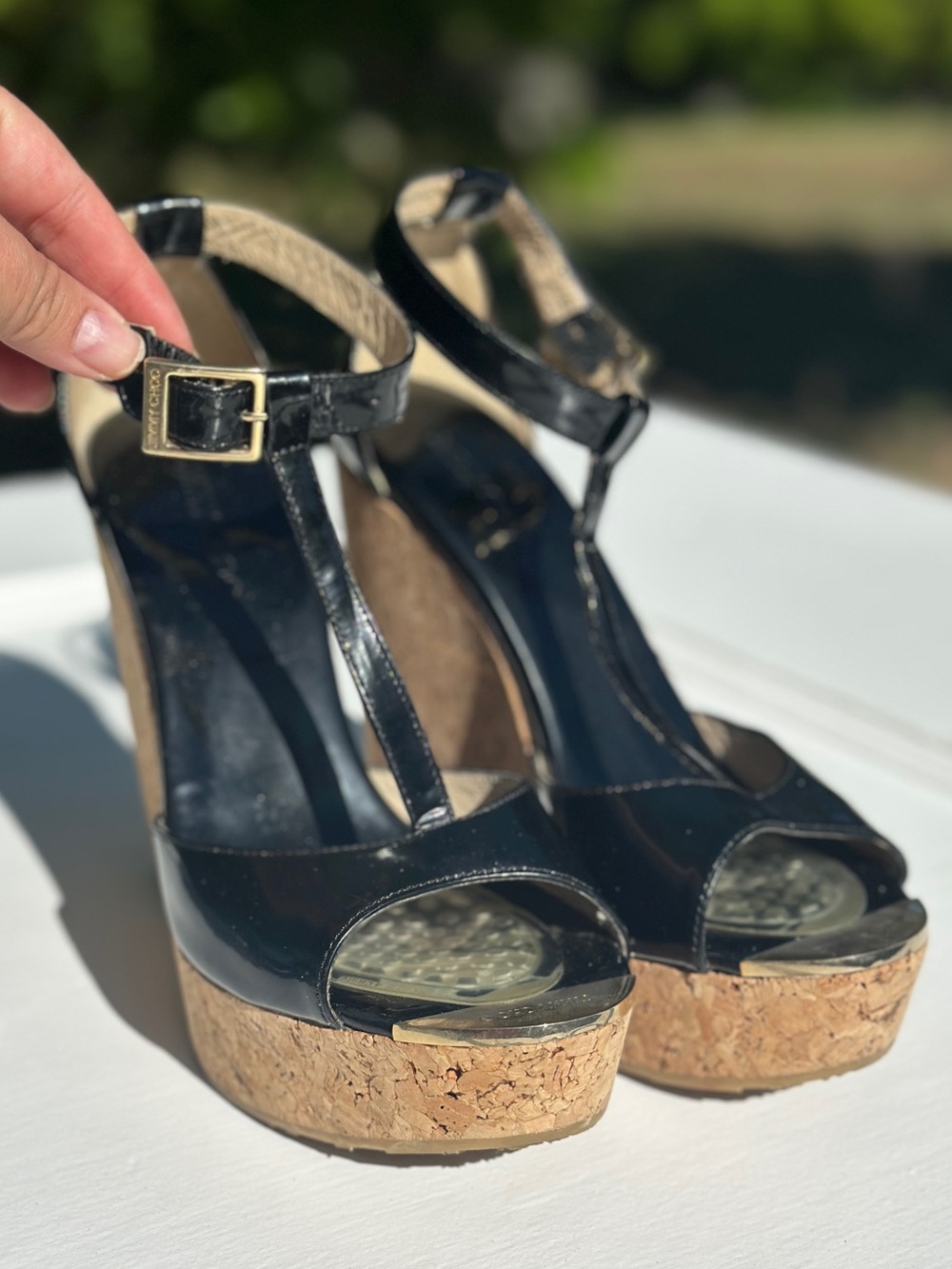 CLASSY Jimmy Choo Black Patent T-Strap Cork Wedge Sandals